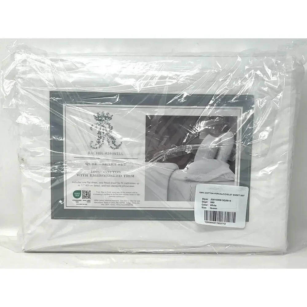 Rachel Ashwell Embroidered Eyelet Hem QUEEN Sheet Set White All Cotton NIP